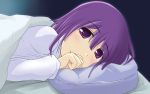  bed blush hieda_no_akyuu minipat pillow purple_eyes purple_hair solo touhou under_covers violet_eyes 