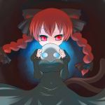  animal_ears between_breasts braid breasts cat_ears cat_tail holding kaenbyou_rin multiple_tails nightmare_cat red_eyes red_hair redhead skull solo tail touhou twin_braids 