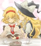  alice_margatroid blonde_hair book cookie cup food hat kirisame_marisa multiple_girls non_(z-art) plate reading ribbon table touhou witch_hat 