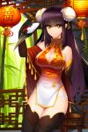  1girl bamboo bare_shoulders bird black_gloves black_hair black_legwear breasts character_request china_dress chinese_clothes chinese_lantern cleavage cleavage_cutout crane_(animal) double_bun elbow_gloves female gloves highres holding large_breasts long_hair looking_at_viewer purple_hair red-crowned_crane smile snowball22 solo sword_girls thigh-highs thighhighs weapon yellow_eyes 