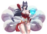  adjusting_hair ahri animal_ears artist_name artist_request bare_shoulders bell black_hair breasts cleavage facial_mark fox_ears fox_tail highres huge_breasts large_breasts league_of_legends legs long_hair multiple_tails one3four! orb panties pantyshot simple_background solo tail tattoo thighs white_background yellow_eyes 