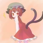  1girl animal_ears brown_hair cat_ears cat_tail chen from_behind looking_back multiple_tails nightmare_cat orange_eyes solo tail touhou 