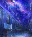  blue cat highres meteor milky_way no_humans original reflection reflective_floor sky star_(sky) starry_sky train train_interior white_cat yamahiro 