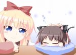  =_= animal_ears black_hair blonde_hair blue_eyes bow cat_ears cat_tail chibi funami_yui hair_bow kagerou_(kers) kemonomimi_mode long_hair multiple_girls pillow school_uniform short_hair sleeping smile tail toshinou_kyouko yuru_yuri 