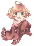  :d ahoge blonde_hair braid brown_hair bust capelet green_eyes happy looking_at_viewer nagare62 open_mouth original short_hair simple_background smile solo teeth twin_braids white_background winter_clothes 