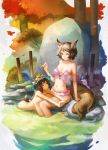  animal_ears blue_eyes brown_hair bucket butterfly forest fox_ears fox_tail highres leaf long_hair multiple_girls narongchai_singhapand nature original short_hair smile stone tail tree underwear water white_eyes 
