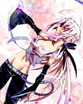  bow detached_sleeves hair_bow highres jin_(artist) long_hair looking_away midriff navel necktie open_mouth ponytail red_eyes silver_hair solo very_long_hair vocaloid yowane_haku 