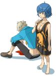  1girl bare_shoulders blonde_hair blood blue_hair breasts bullet chibi choumoku_(toriko_b_c) cleavage cosplay costume_switch jewelry legs necklace nosebleed persona persona_4 shirogane_naoto short_hair sitting sleeveless sleeveless_shirt standing tatsumi_kanji 