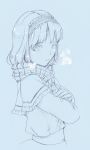  alice_margatroid blue_background blush breath capelet crossed_arms hairband highres kurokuro monochrome scarf short_hair sketch solo touhou 