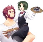 androgynous beard blush bowtie coffee facial_hair fate/zero fate_(series) green_eyes green_hair hiroichi multiple_boys red_eyes red_hair redhead rider_(fate/zero) size_difference vest waistcoat waiter waver_velvet 