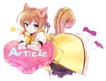  &lt;3 animal_ears antenna_hair artist_name blue_eyes brown_hair crossed_arms dog_days dress female hair hair_ribbon heart heart_pillow joypyonn kuberu_e_pastillage looking_at_viewer pillow plain_background ribbon ribbons simple_background smile solo squirrel_ears squirrel_tail star tail white_background 