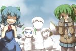  ^_^ blue_dress blue_eyes blue_hair bow cirno closed_eyes coat daiyousei dress eyes_closed gaoo_(frpjx283) green_eyes green_hair hair_bow hair_ribbon jacket mittens multiple_girls open_mouth pantyhose ribbon scarf side_ponytail skirt smile snowman touhou triangle_mouth wings 