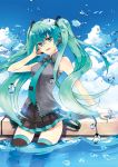  aqua_eyes aqua_hair cloud hand_on_headphones hatsune_miku headphones headset highres hyugo long_hair necktie open_mouth outdoors partially_submerged skirt sky smile solo thigh-highs thighhighs twintails very_long_hair vocaloid wading water water_drop zettai_ryouiki 