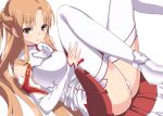  amasora_taichi asuna_(sao) bare_shoulders braid breastplate brown_eyes brown_hair detached_sleeves long_hair lying on_back panties skirt solo sword_art_online thigh-highs thighhighs underwear white_background white_legwear white_panties 