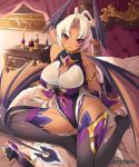  1girl bed bedroom black_legwear blush breasts bridal_gauntlets bursting_breasts canopy_bed cleavage dark_skin demon_girl demon_horns demon_tail demon_wings drawer female head_wings kamyuria large_breasts long_hair looking_at_viewer mel/a mound_of_venus on_bed open_mouth pillow pointy_ears purple_eyes revision shingeki_no_bahamut sitting smile solo succubus tail thigh-highs thighhighs vial violet_eyes watermark white_hair wings yokozuwari 