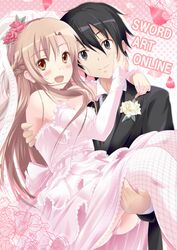  1girl :d asuna_(sao) black_eyes black_hair blush braid brown_eyes brown_hair carrying couple dress flower formal garter_straps groom hair_flower hair_ornament half_updo holding hug kirito long_hair looking_at_viewer married necktie nisson open_mouth panties petals pink_panties plaid plaid_legwear princess_carry smile suit sword_art_online title_drop underwear veil wedding_dress 