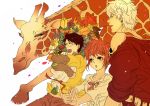  2boys alternate_costume black_hair blue_eyes bouquet casual flower food fruit gintama giraffe glasses kagura_(gintama) matsuoka_(ajagaga) multiple_boys orange orange_hair sakata_gintoki silver_hair 