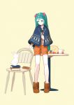  asgr book boots bunny chair cup flower green_eyes green_hair harmonica hatsune_miku highres instrument long_hair rabbit shorts simple_background solo table teacup vocaloid 