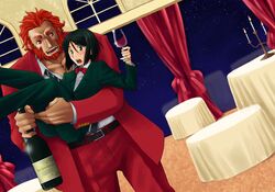  2boys beard black_eyes black_hair bob_cut carrying cup dutch_angle facial_hair fate/zero fate_(series) formal multiple_boys nkj princess_carry red_eyes red_hair redhead rider_(fate/zero) suit waver_velvet wine wine_glass 