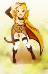  alicia_rue animal_ears bell blonde_hair boots cat_ears circlet cloak curry_gohan fangs highres looking_up short_hair solo sword_art_online tail thigh-highs thighhighs yellow_eyes 