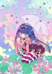  amimi bow dress flower frills green_eyes hair_bow kneeling multicolored_hair panty_&amp;_stocking_with_garterbelt rain solo stocking_(psg) striped striped_legwear thigh-highs thighhighs two-tone_hair umbrella water_drop 
