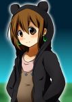  animal_ears animal_hood bear_ears brown_eyes brown_hair casual earrings hands_in_pockets highres hirasawa_yui jewelry k-on! k-on!_movie mkt_(50r50r) short_hair singing! solo 