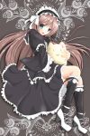  :3 :d brown_hair copyright_request dress fatkewell frilled_legwear green_eyes highres kneehighs lace lace-trimmed_kneehighs lace-trimmed_thighhighs legs lolita_fashion lolita_hairband open_mouth shoes smile stuffed_cat thigh-highs thighhighs 