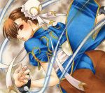  ass bracelet brown_eyes brown_hair brown_legwear chinese_clothes chun-li double_bun jewelry lips looking_back pantyhose solo spiked_bracelet spikes street_fighter traditional_media yukaxcat 