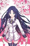  black_legwear blue_eyes chain chains cherry_blossoms long_hair looking_at_viewer open_mouth original petals riki_(elseeker) school_uniform solo thigh-highs thighhighs zettai_ryouiki 