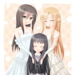  2girls asuna_(sao) bare_shoulders black_eyes black_hair brown_hair crossdressinging dress elbow_gloves gloves kirito kirito_(sao-ggo) long_hair multiple_girls rateratte sword_art_online trap wedding_dress yui_(sao) 