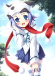  amakase_minatsu blue_eyes blue_hair blush cow_print da_capo_ii happy hat hironii_(nirvana_soft) open_mouth pleated_skirt scarf school_uniform short_hair skirt sky solo striped striped_legwear thigh-highs thighhighs 