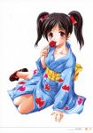  :p absurdres azuma_yuki black_hair candy_apple copyright_request eating feet food highres japanese_clothes kimono red_eyes sitting tongue twintails yukata 