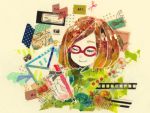  1girl bob_cut brown_hair closed_eyes envelope film_stock film_strip glasses lowres nikki_(swapnote) pencil postage_stamp red-framed_glasses scissors short_hair smile solo stamp swapnote sweater turtleneck turtleneck_sweater yubune 