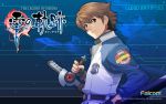  2010 blue_background brown_eyes brown_hair character_name dual_wielding eiyuu_densetsu eiyuu_densetsu:_zero_no_kiseki enami_katsumi falcom highres jacket lloyd_bannings male police_uniform smile solo sword title_drop tonfa wallpaper weapon zero_no_kiseki zoom_layer 