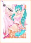  aqua_hair armpits arms_up cat cat_tail green_eyes hatsune_miku high_heels highres ill-zyon long_hair microphone panties shoes side-tie_panties solo tail thigh-highs thighhighs twintails underwear very_long_hair vocaloid 