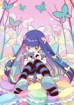 amimi butterfly cookie food frills green_eyes honekoneko_(psg) macaroon multicolored_hair panty_&amp;_stocking_with_garterbelt sitting smile solo stocking_(psg) striped striped_legwear thigh-highs thighhighs two-tone_hair 