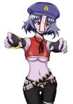  breasts cabbie_hat chinese_clothes colored colorfag contemporary fingerless_gloves gloves grey_hair hat jiangshi midriff miyako_yoshika multiple_belts navel ofuda orz_(orz57) outstretched_arms pants purple_skin red_eyes short_hair solo star thigh_gap touhou underboob zombie_pose 