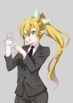  blonde_hair braid cigarette contemporary formal gloves green_eyes leafa long_hair pointy_ears ponytail suit sword_art_online twin_braids 