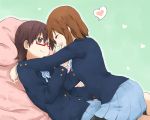  ^_^ black_legwear brown_eyes brown_hair closed_eyes eyes_closed glasses heart hirasawa_yui k-on! kagiana looking_at_another lying manabe_nodoka multiple_girls mutual_yuri on_back pantyhose school_uniform short_hair skirt smile yuri 