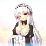  ;) asa_(swallowtail) blush breast_hold breasts cleavage crossed_arms highres large_breasts lolita_hairband long_hair looking_at_viewer red_eyes rozen_maiden silver_hair solo suigintou white_background wink 