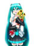  1girl aqua_eyes aqua_hair blush bouquet detached_sleeves flower hatsune_miku headset highres long_hair necktie oonishi_shunsuke open_mouth simple_background skirt solo tears thighhighs twintails very_long_hair vocaloid white_background 