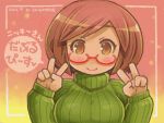  2012 blush bob_cut brown_eyes brown_hair commentary dated double_v glasses looking_at_viewer nikki_(swapnote) red-framed_glasses ribbed_turtleneck_sweater shigatake short_hair smile solo swapnote sweater translation_request turtleneck turtleneck_sweater v 