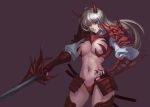  armor bikini_bottom breasts copyright_request gauntlets highres horns katana large_breasts long_hair looking_at_viewer midriff mr_metal navel oni oni_mask red_eyes silver_hair simple_background solo sword weapon 