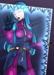  against_glass blue_hair bodysuit breast_press breasts chaps cropped_jacket gloves hime_cut ian_chase ice king_of_fighters kula_diamond licking long_hair naughty_face red_eyes solo 