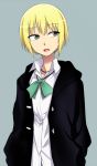  :d androgynous bangs blonde_hair bow bust earrings fang flat_chest green_eyes grey_background hands_in_pockets high_collar jacket jewelry kon_futaba kumadano looking_away necklace open_clothes open_jacket open_mouth school_uniform shirt short_hair simple_background smile solo soredemo_machi_wa_mawatteiru 