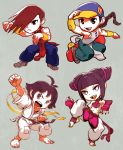  2girls antenna_hair baggy_pants bare_shoulders barefoot baseball_cap bridal_gauntlets brown_hair chinese_clothes clenched_hands dougi fighting_stance hair_over_one_eye han_juri hat karate karate_gi kung_fu makoto multiple_boys multiple_girls muscle oetarou open_mouth pointy_hair short_hair shouting simple_background skateboard standing_on_one_leg street_fighter street_fighter_iv super_street_fighter_iv yang_lee yun_lee 