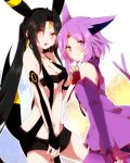  animal_ears breasts earrings espeon fingerless_gloves gloves hand_holding highres holding_hands jewelry long_hair looking_at_viewer multiple_girls nail_polish navel open_mouth pantyhose personification pokemon purple_eyes purple_hair red_eyes short_hair short_shorts shorts smile tail takeshima_(nia) umbreon violet_eyes yuri 