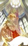  a3habit blonde_hair cape earrings fate/zero fate_(series) gilgamesh highres jewelry red_eyes solo staff throne 