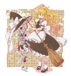  :o apron blonde_hair bobby_socks bow braid brown_hair card cup dress flag flower hat hat_bow hat_removed headwear_removed kirisame_marisa long_hair mary_janes messy_hair open_mouth plate playing_card rose shoes single_braid socks solo star tea teacup touhou waist_apron witch_hat yellow_eyes yukataro 