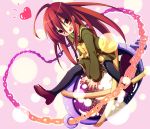  ahoge black_legwear blush chain chains heart jewelry kotsu long_hair looking_at_viewer open_mouth oversized_object pendant red_eyes red_hair redhead school_uniform serafuku shakugan_no_shana shana sitting solo thigh-highs thighhighs 